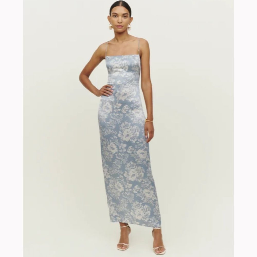 Reformation Frankie Silk Dress in Porcelain Blue White Floral Print